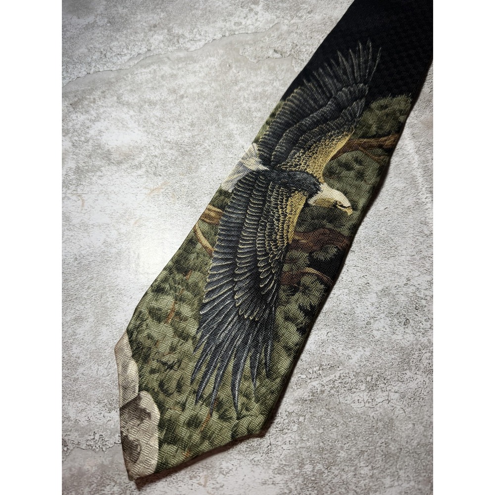 Endangered Species Tie Mens OS Eagle Wings Green Polyester Geometric  Animal